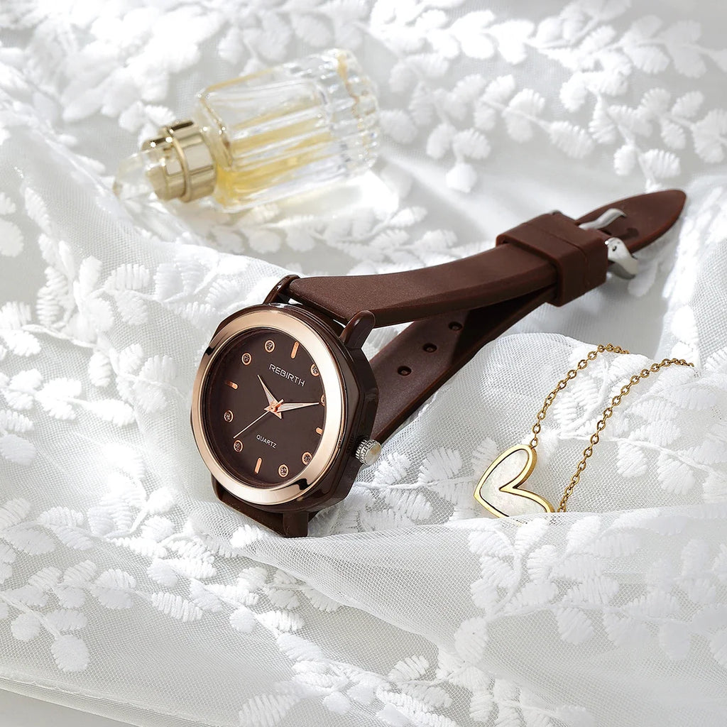 REBIRTH Women's Quartz Watch – Silicone Strap Numberless Dial