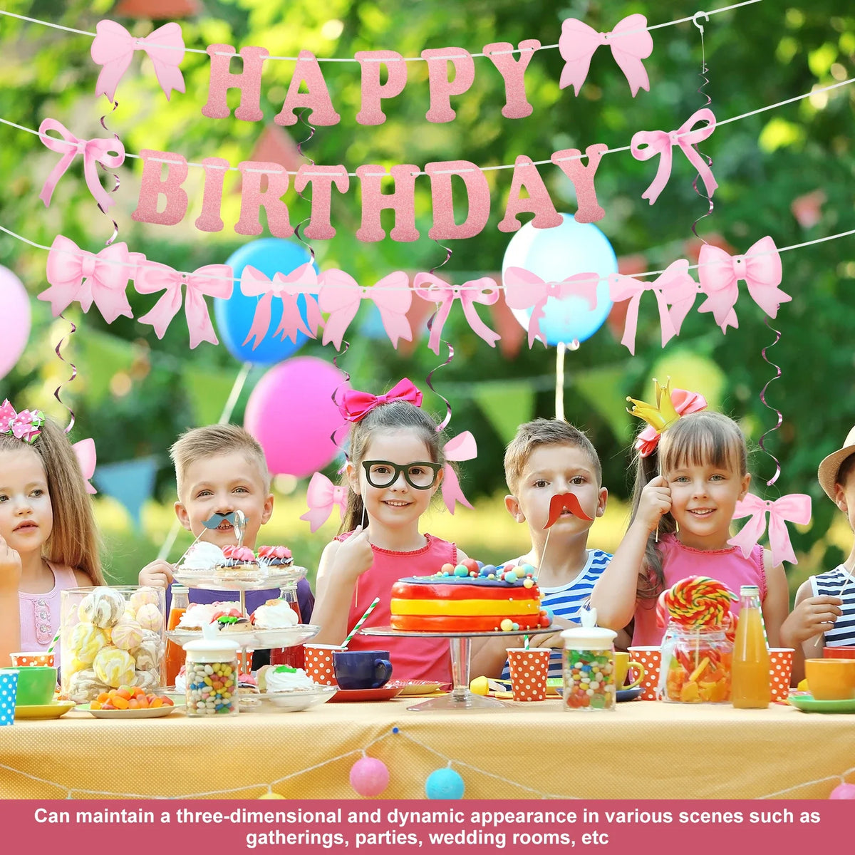 Pink Bow Happy Birthday Banner & Swirl Party Decoration Set