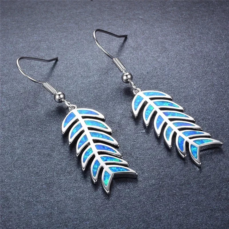 Vintage Simulated Opal Feather Dangle Drop Earrings | Retro