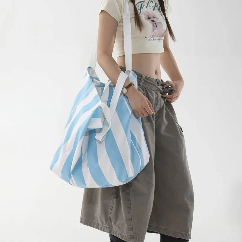 Women's Striped Canvas Tote Bag – Large Shoulder Handbag