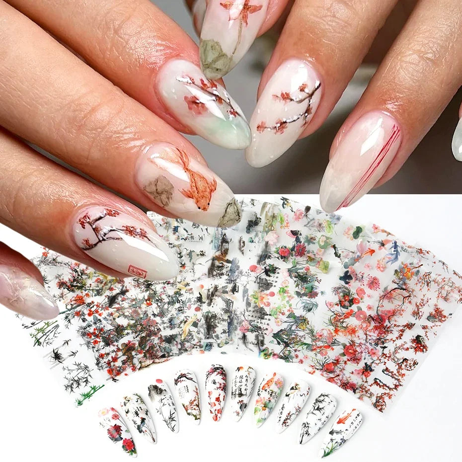 10pcs Asian Ink Art Nail Foil Stickers – Koi, Crane & Bamboo