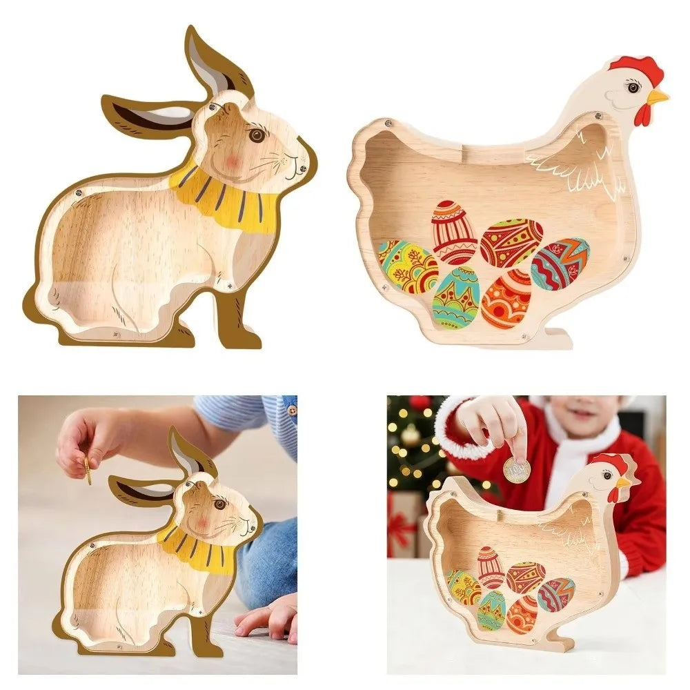 Wooden Animal Coin Bank – Rabbit & Chick Money Box Décor