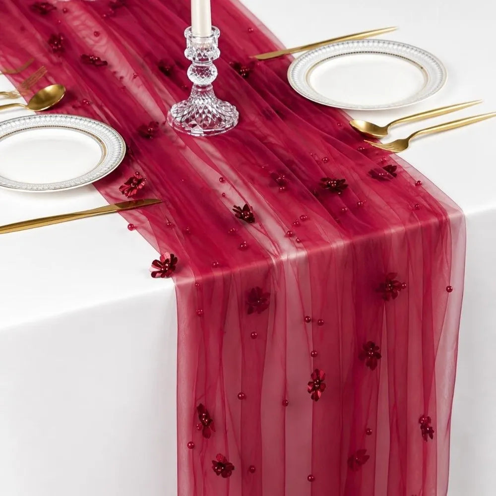 Tulle Table Runner 75x300cm Sheer Floral Embroidered Décor