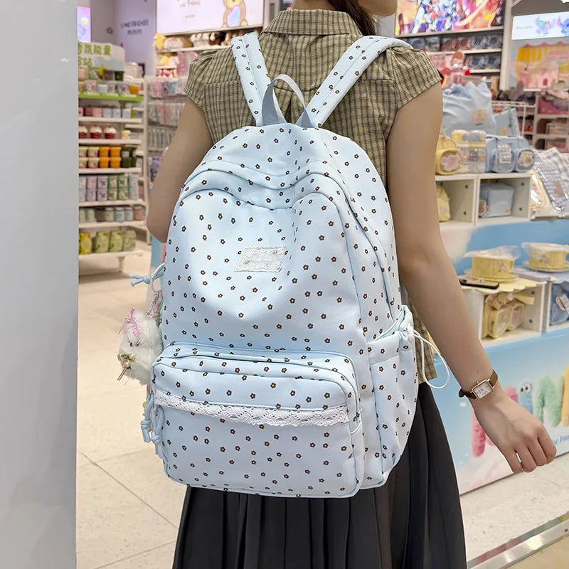 Korean Floral Lace Large-Capacity Backpack for Teen Girls