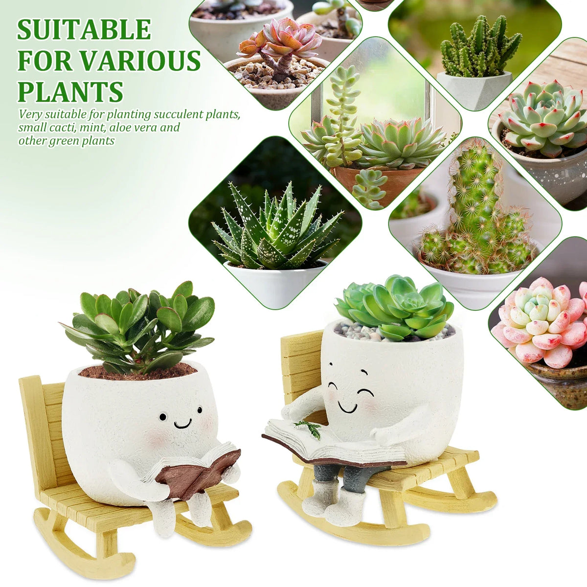 Rocking Chair Smile Face Planters – 2Pcs Resin Succulent Pots