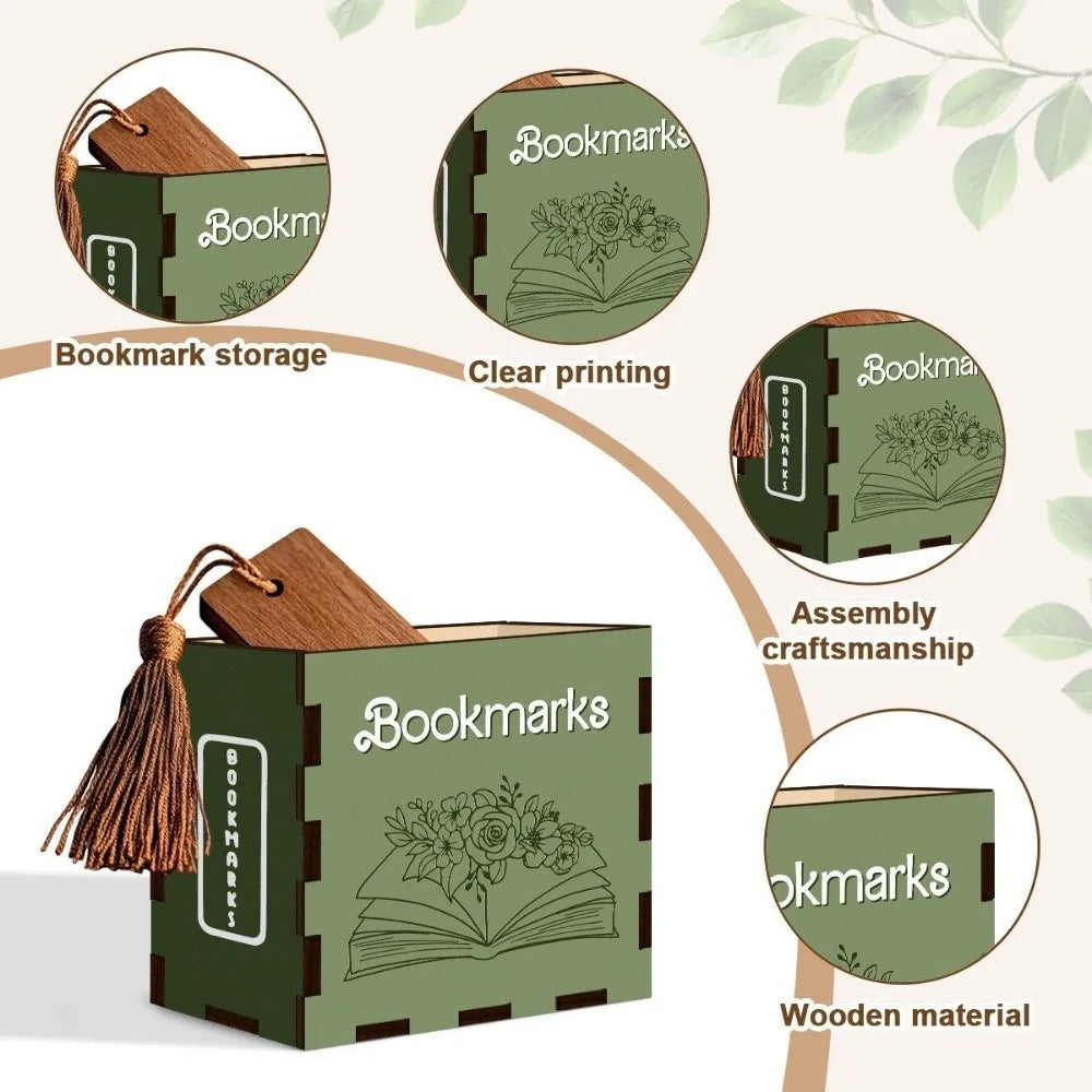 Wood Book-Shaped Bookmark Storage Box & Desk Organizer
