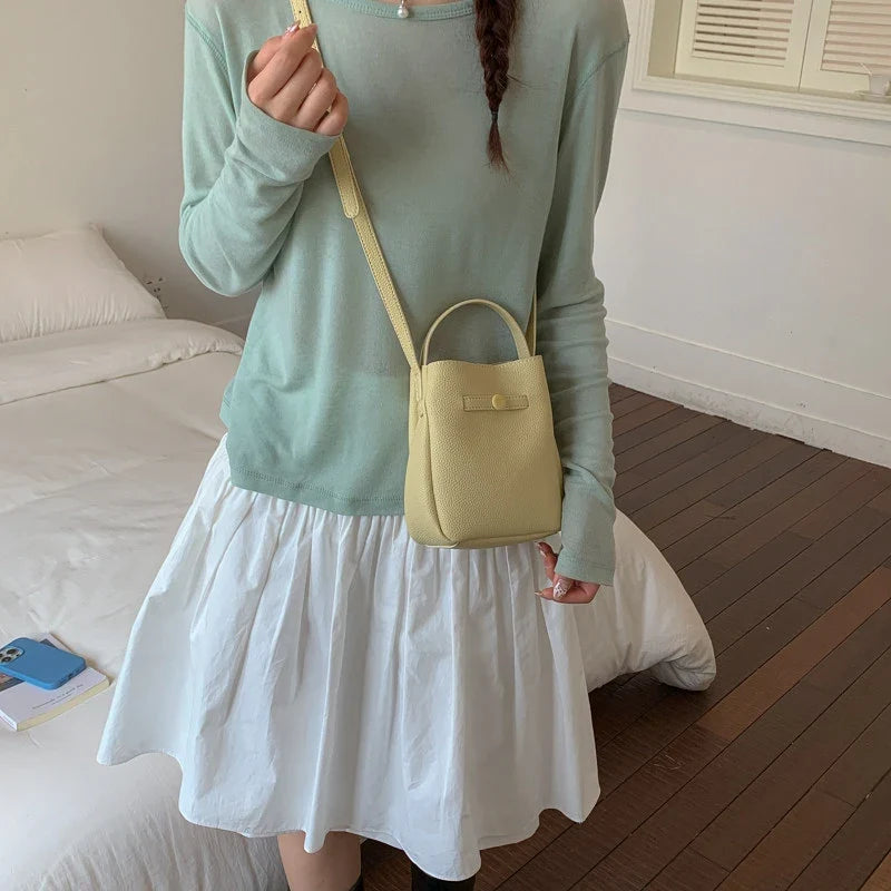 Korean Lychee Bucket Bag – Soft Leather Shoulder & Crossbody Bag