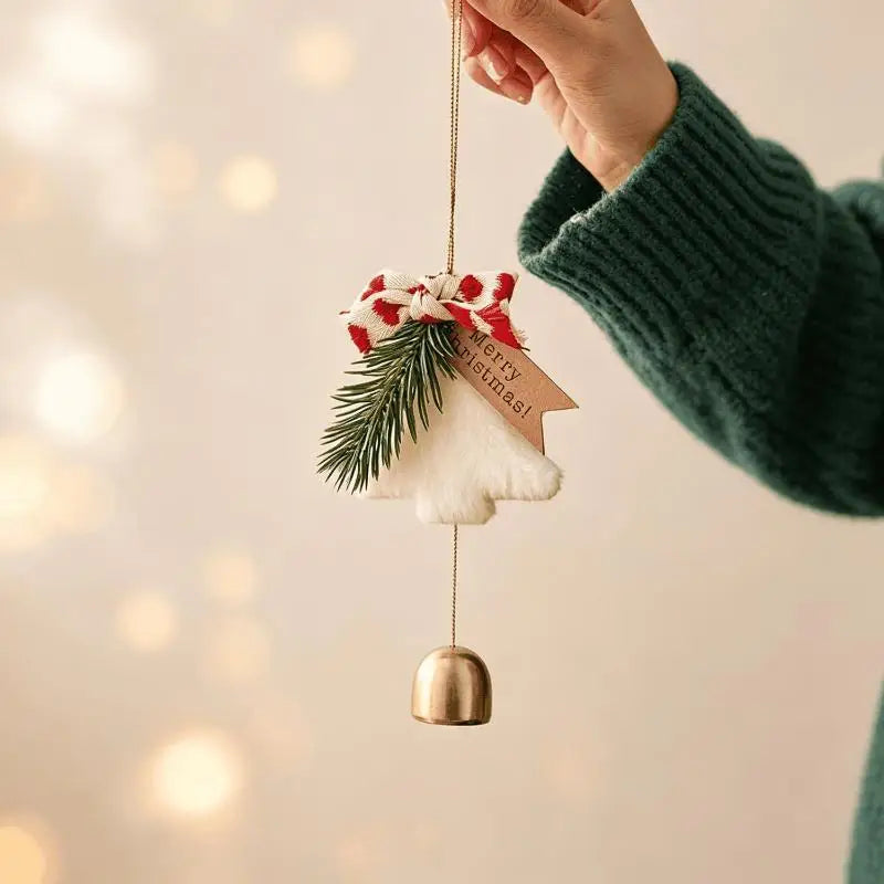Plush Christmas Tree Ornament with Bow & Brass Bell | Xmas Decor