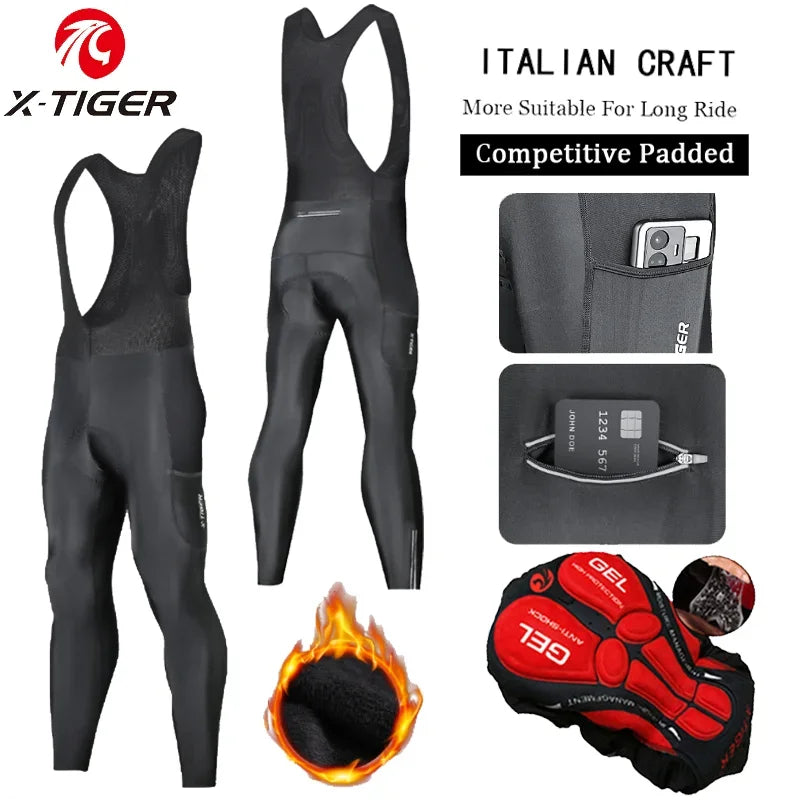 X-TIGER Men's Thermal Fleece Cycling Bib Pants – 5D Gel Pad