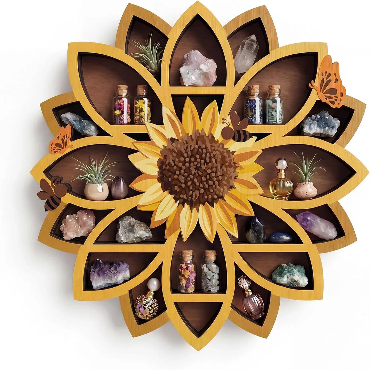 Sunflower Crystal Wall Shelf – Boho Farmhouse Wood Wall Decor