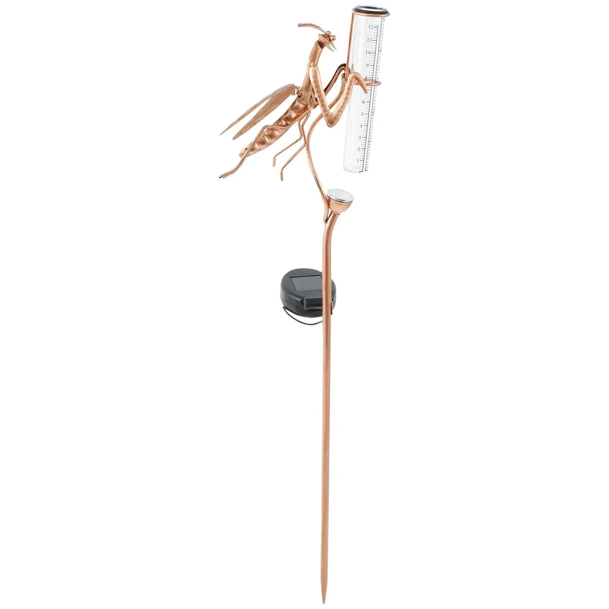Solar Mantis Rain Gauge with LED Light – Decorative Garden Tool