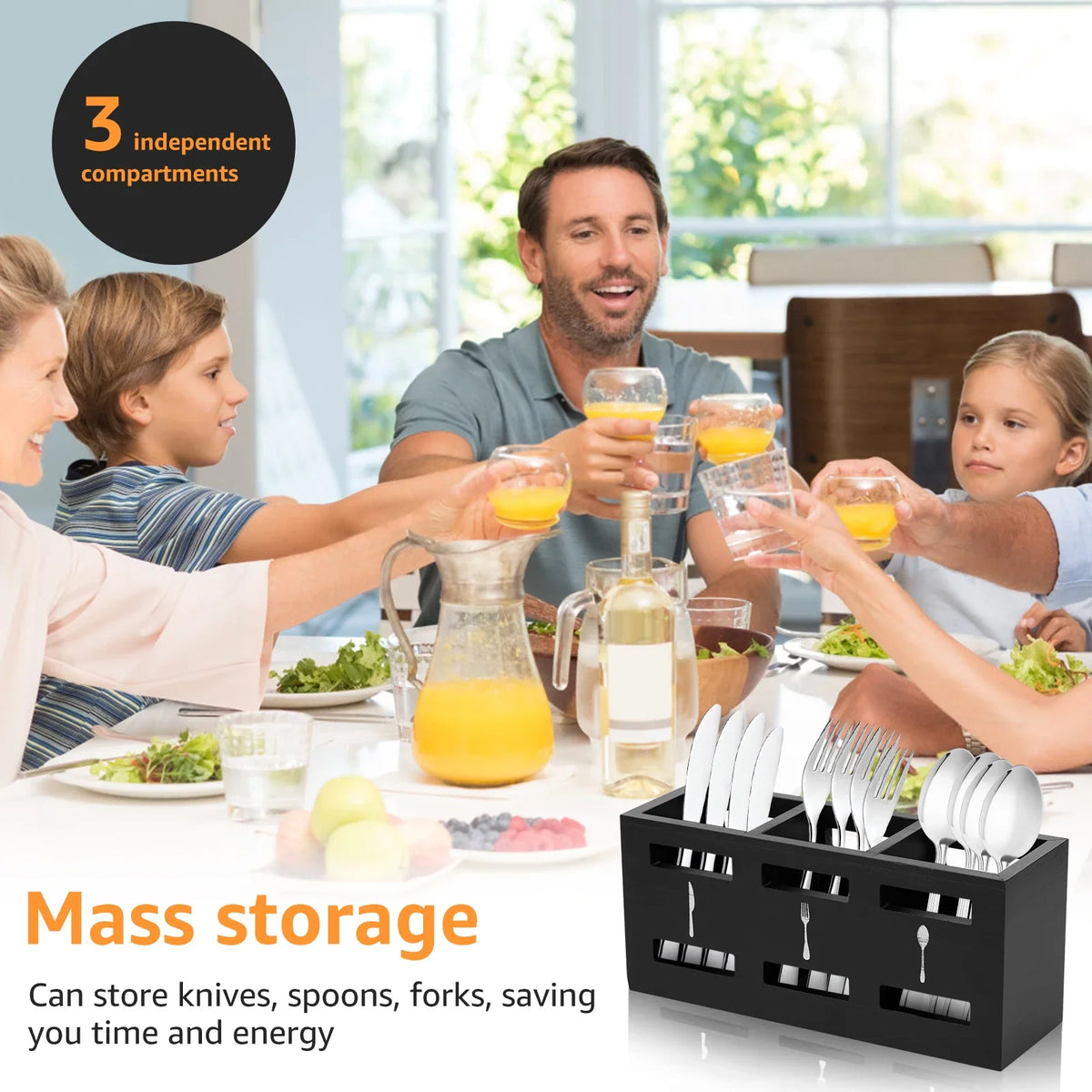 Wood Utensil Caddy – 3-Compartment Silverware Organizer