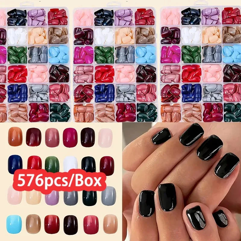 576pcs Press On Fake Nails Mixed Shapes Colorful Full Cover Tips