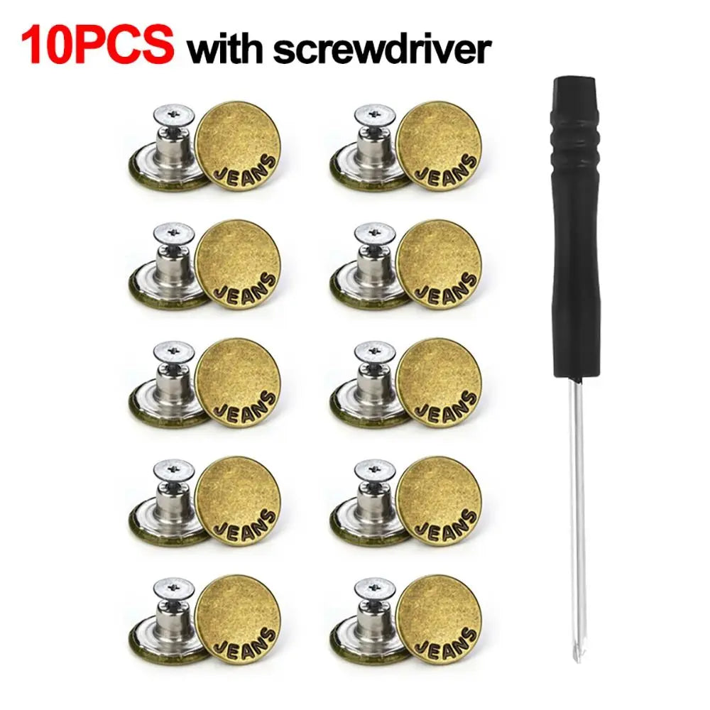 10Pcs 17mm Metal Jeans Buttons No-Sew Shank Buttons + Screwdriver