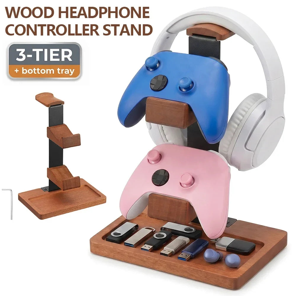Solid Wood 3-Tier Headphone & Gamepad Organizer Stand