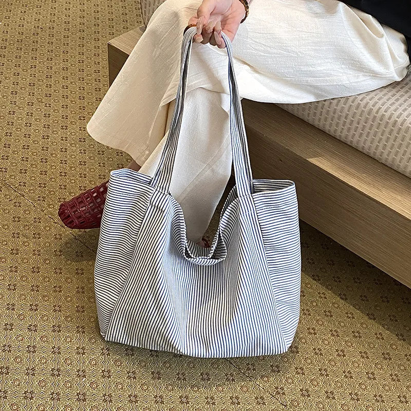 Women's Striped Canvas Tote Bag – Large Shoulder Bag