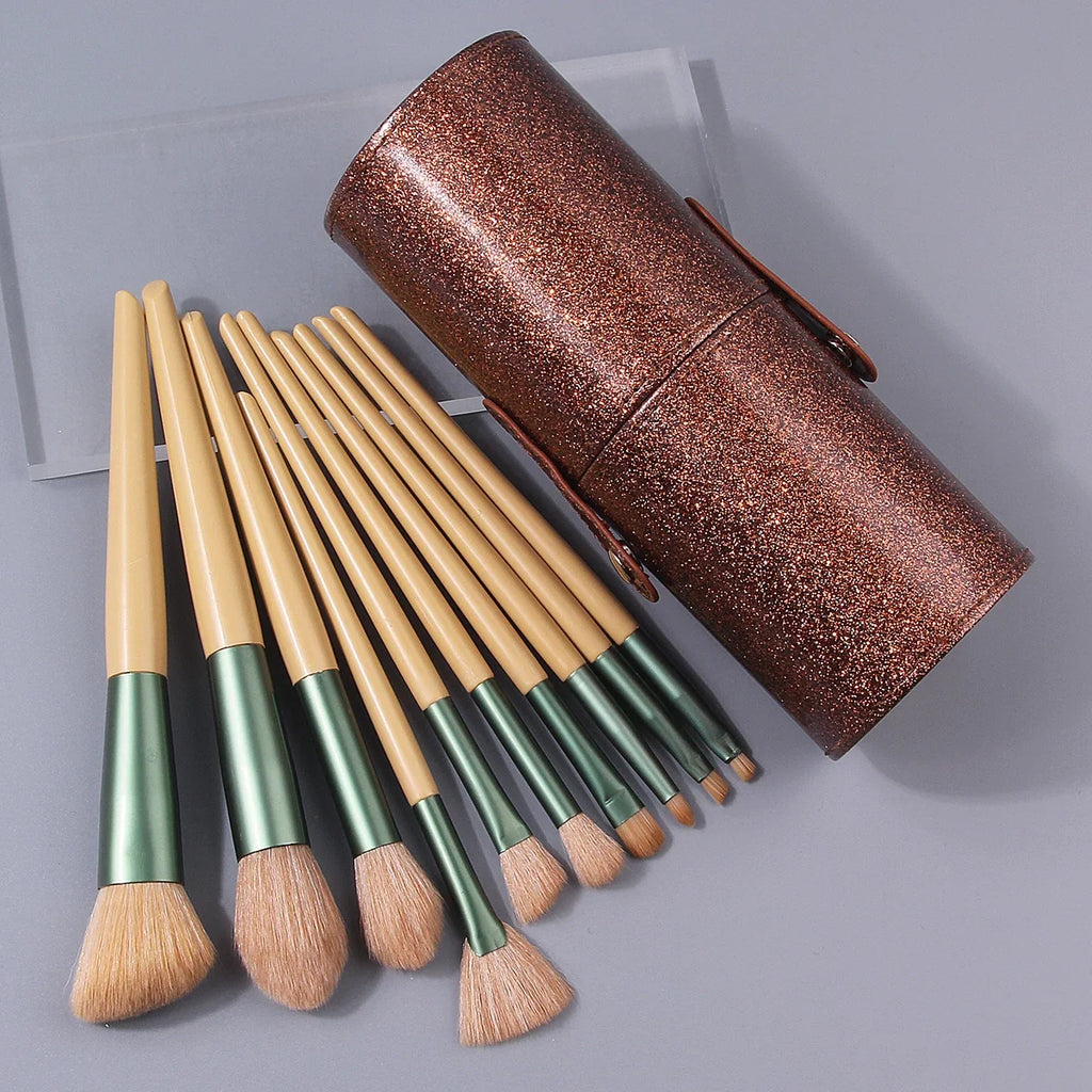 10-Piece Beginner Makeup Brush Set with Glitter Storage Bucket
