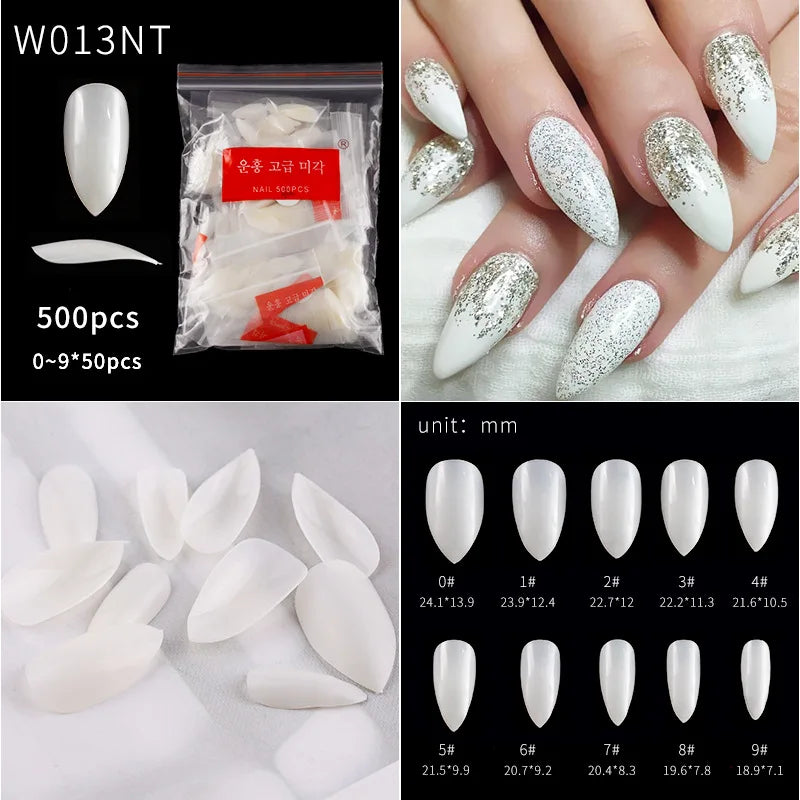 500pcs Clear Acrylic False Nails – Almond Stiletto Full Cover Tips