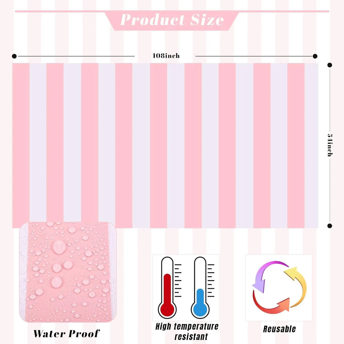 Pink & White Striped Waterproof Tablecloth 54x108" Party Cover