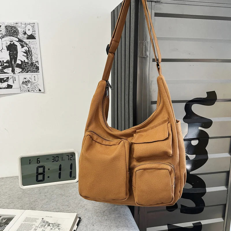 Large Canvas Dumpling Crossbody Bag – Unisex Multi-Pocket
