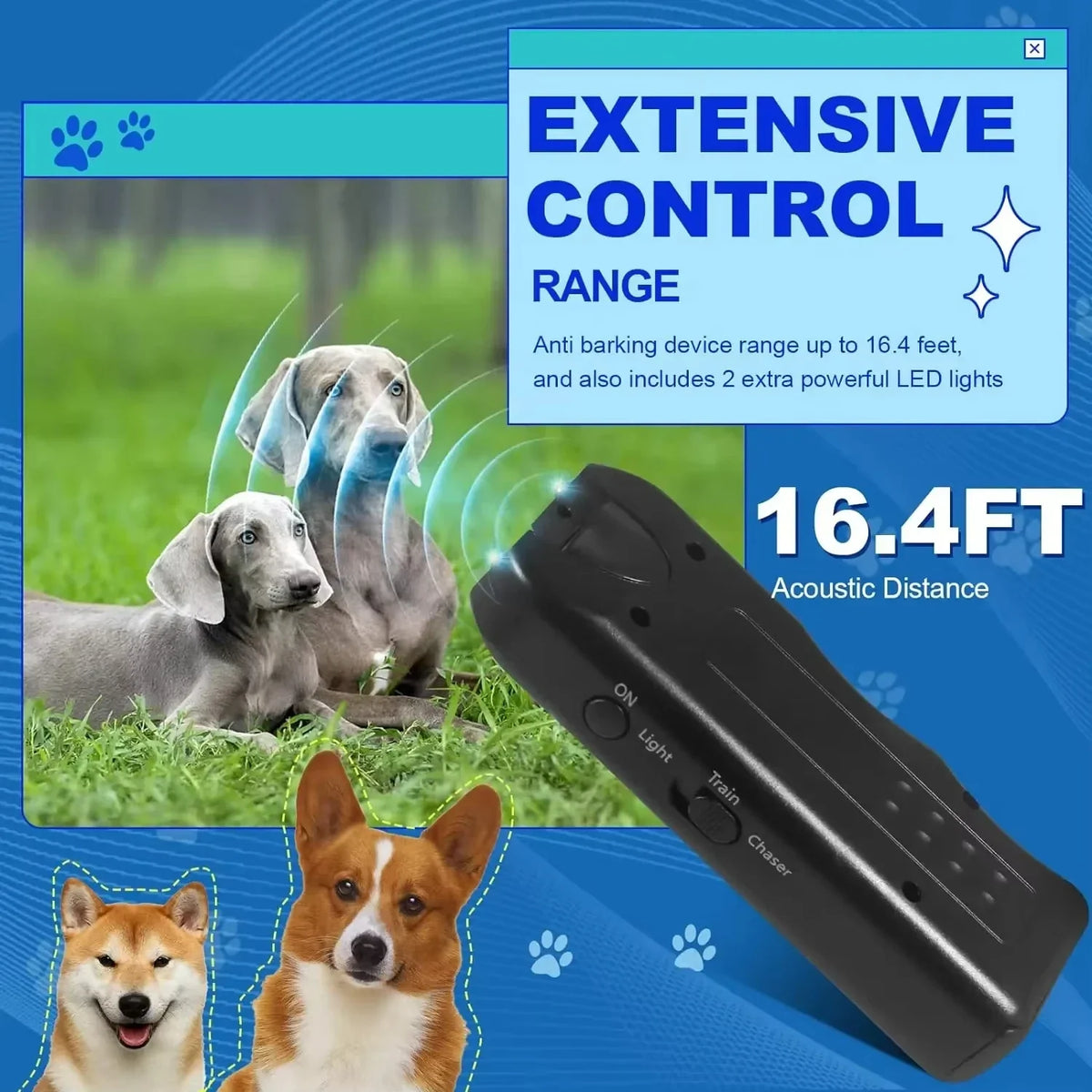 Ultrasonic Dog Bark Deterrent & Trainer with LED Flashlight