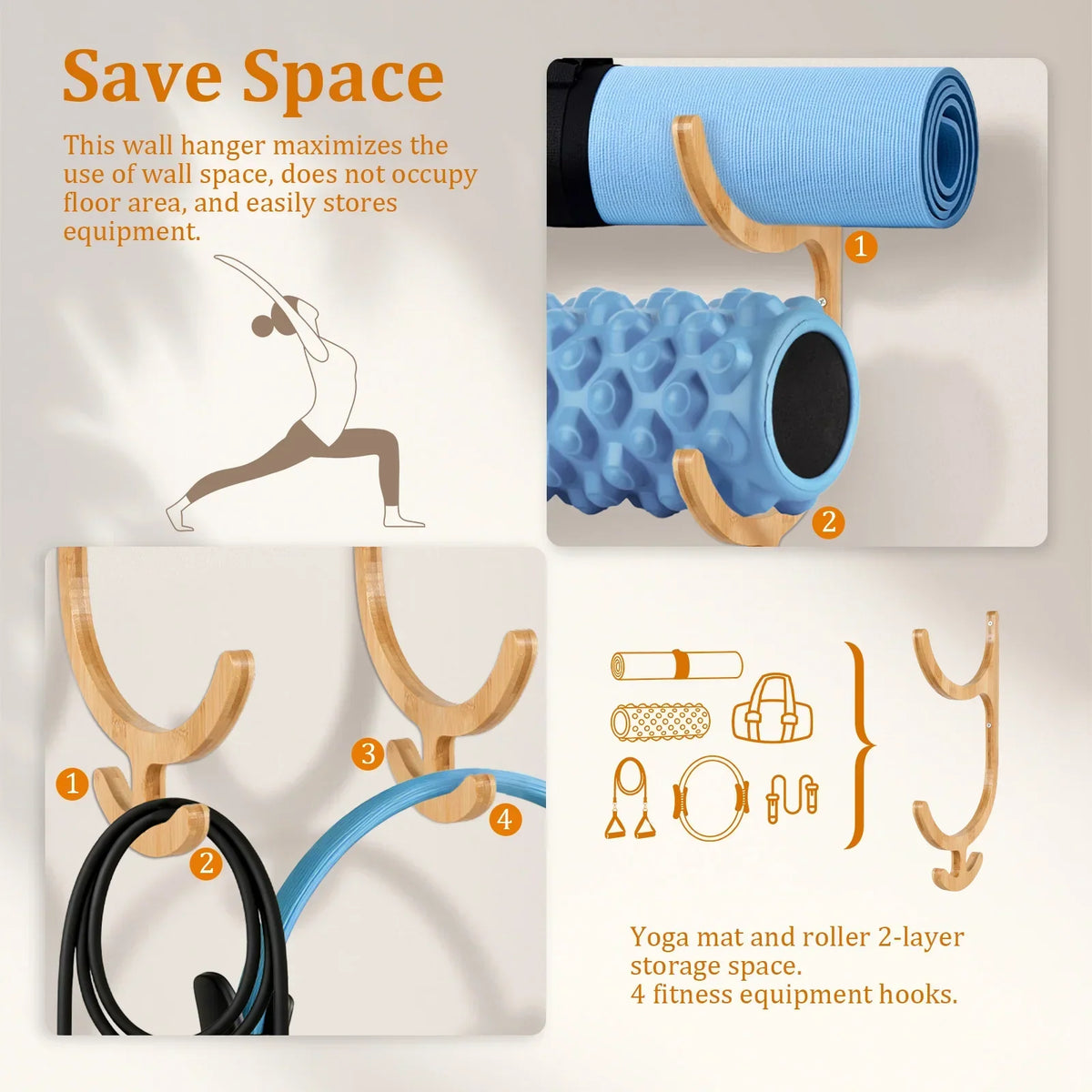 Wood Wall Mount Yoga Mat Holder Rack – 2 Pcs Gym Organizer