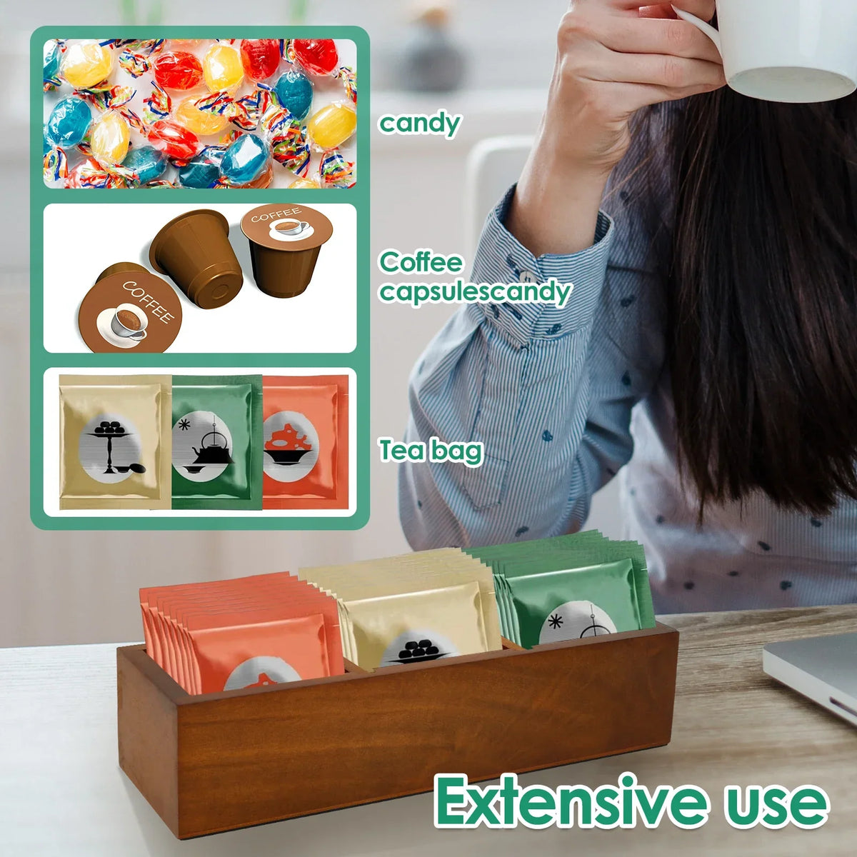 Wooden Tea Bag Organizer Box with Removable Dividers – 3 Slots