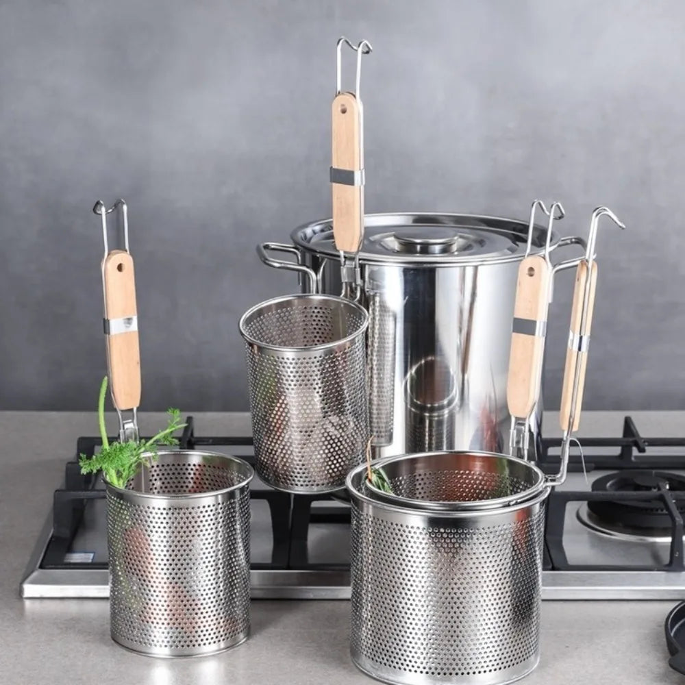 Stainless Steel Pasta Basket Strainer – Wooden Handle