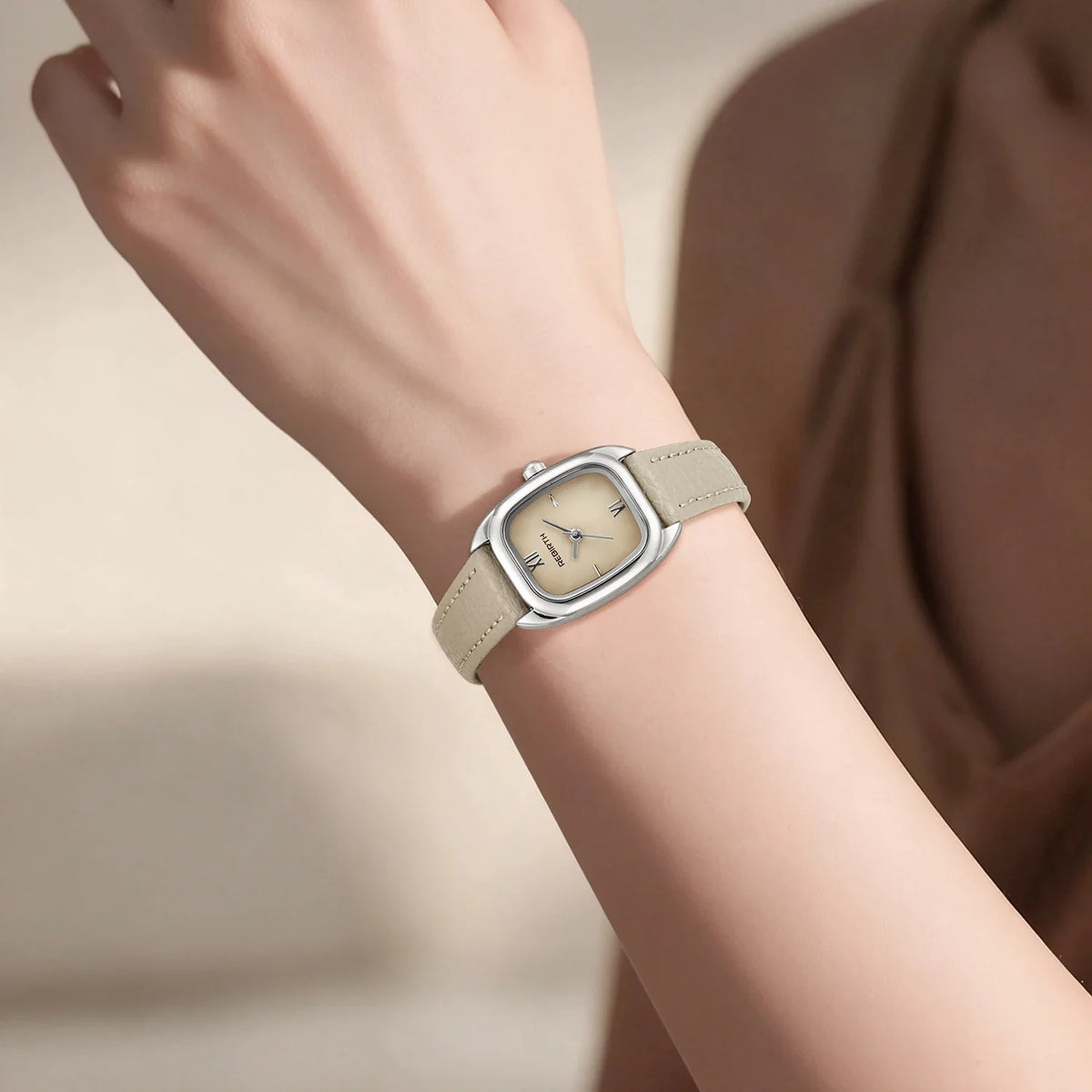 REBIRTH Square Women's Quartz Watch – Brown Leather Strap