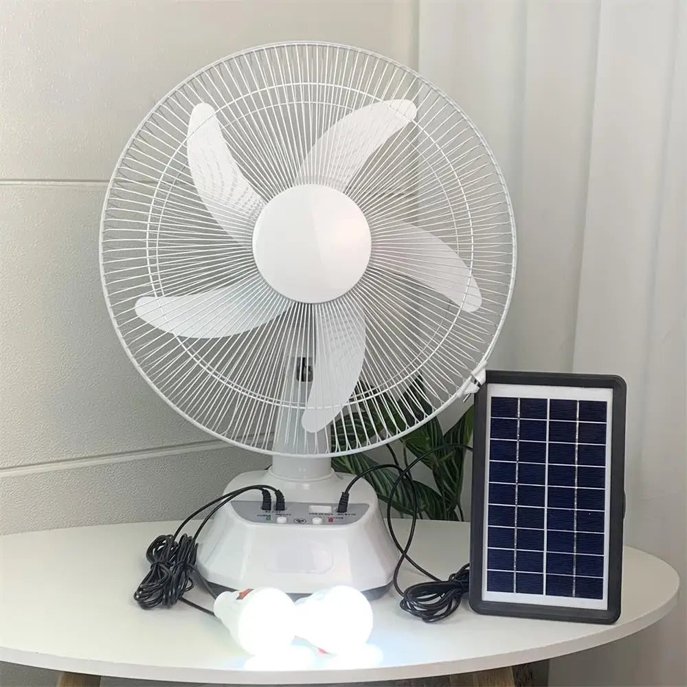 12" Solar Powered Rechargeable Fan with Panel & Light Bulb
