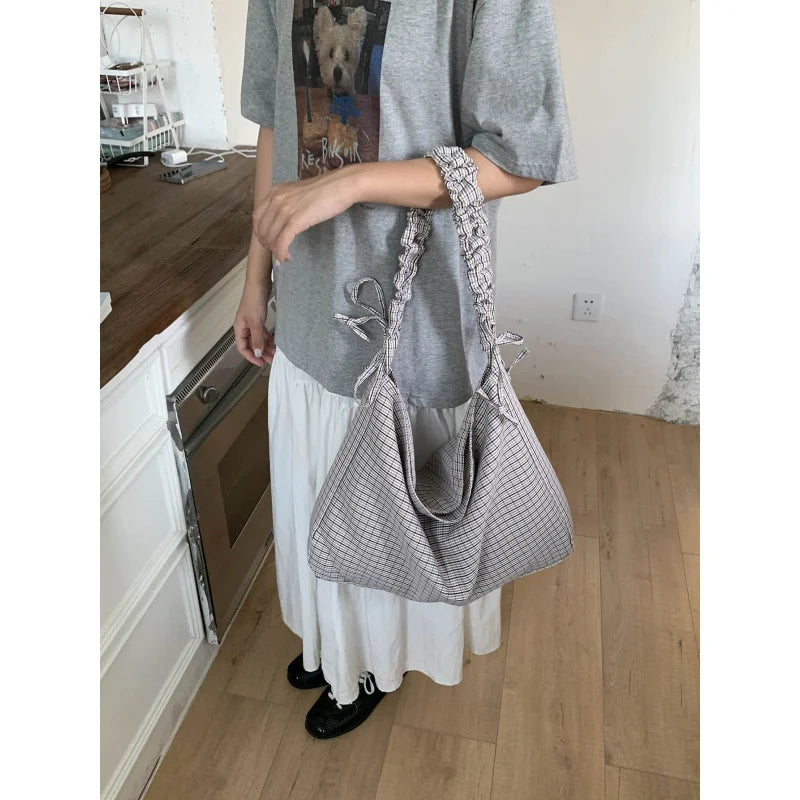 Plaid Canvas Crossbody Bag – Korean Style Commuter Tote
