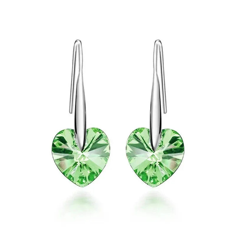 Women's Silver Green Rhinestone Heart Hook Drop Earrings