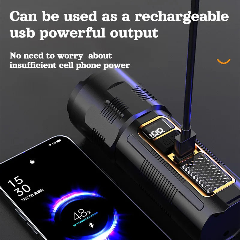 Zoomable Flashlight & Power Bank – Type-C Rechargeable, 500m