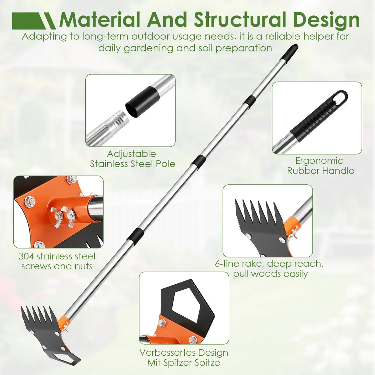 2-in-1 Garden Hoe & Weeding Rake – 60" Adjustable Handle
