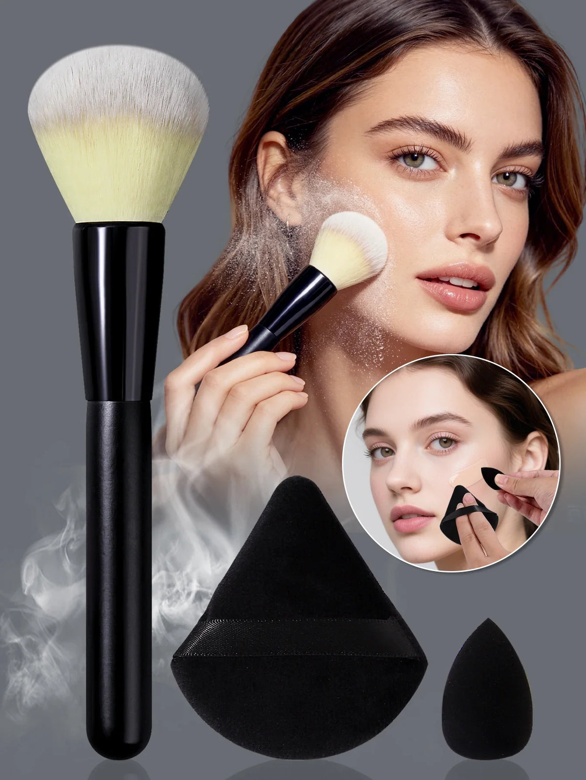 3-Piece Makeup Kit: Blush Brush, Sponge & Powder Puff | Nixie