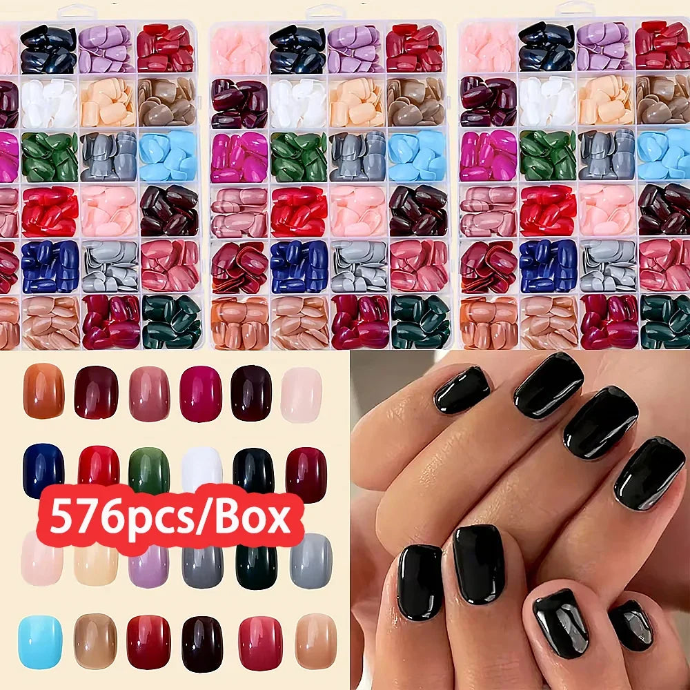 576pcs Press On Fake Nails Mixed Shapes Colorful Full Cover Tips