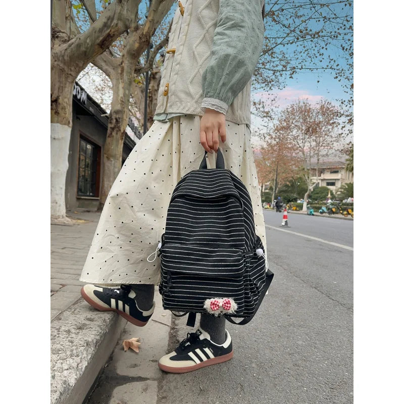 Korean Striped Large-Capacity Backpack | Cute Unisex School Bag