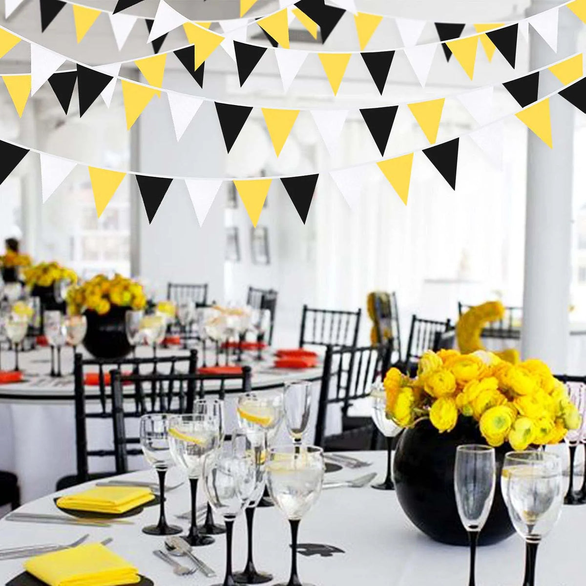 Yellow Black White Pennant Bunting Garland 33ft – 20 Flags