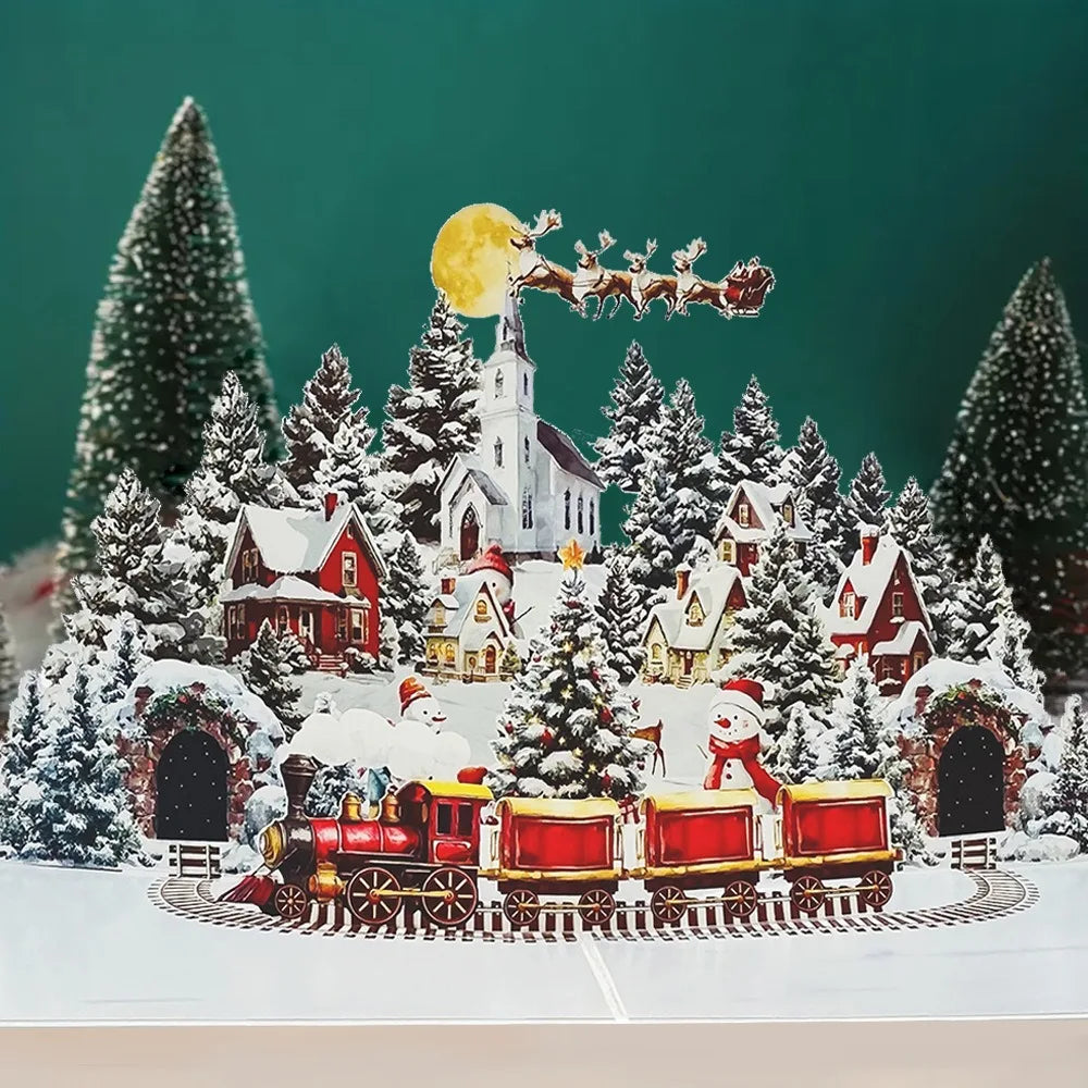 3D Pop-Up Christmas Card with Envelope – Snowy Village Scene