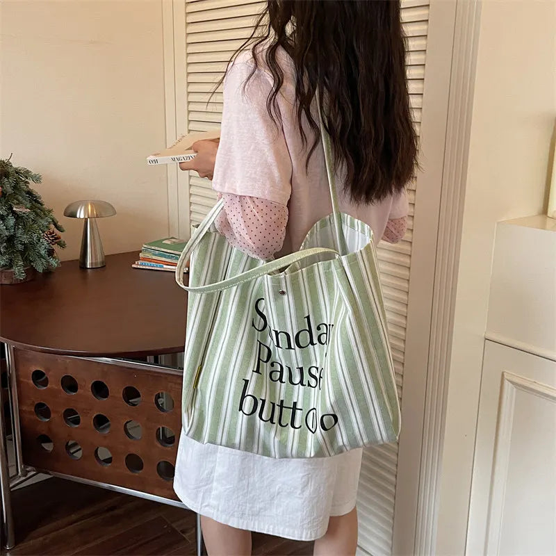Women's Large Canvas Tote Bag – Striped Shoulder & Work Bag
