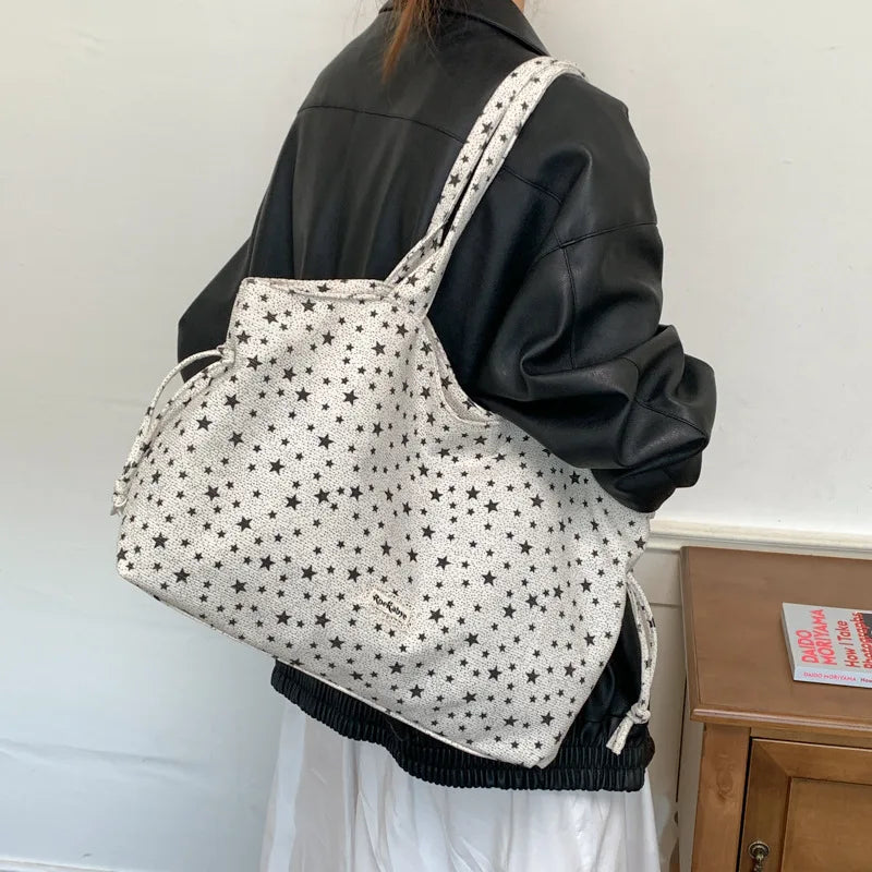 Korean Star-Pattern Nylon Tote Bag – Large Shoulder Bag