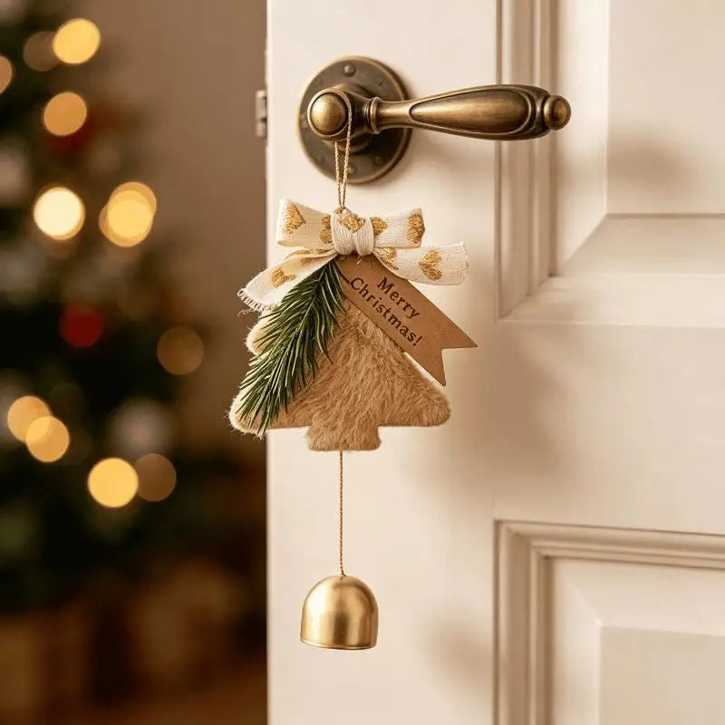 Plush Christmas Tree Ornament with Bow & Brass Bell | Xmas Decor