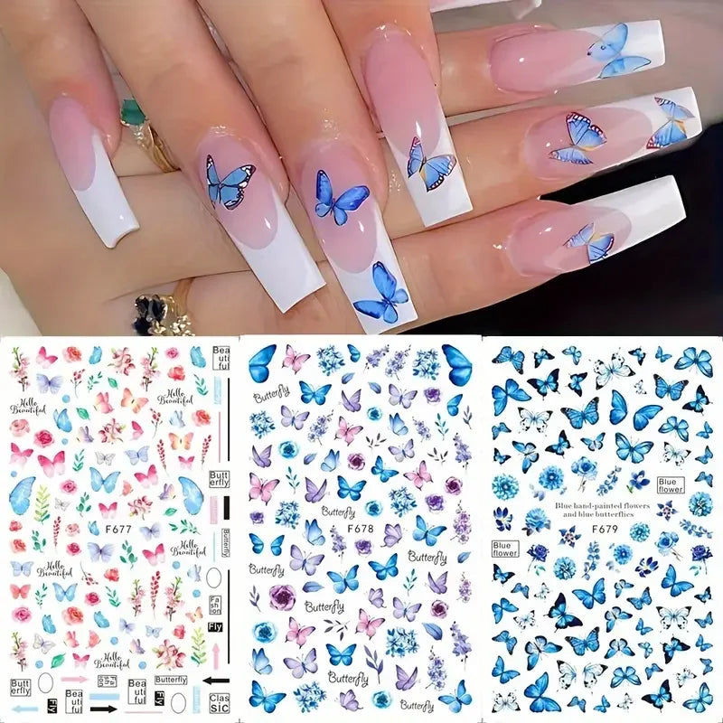 Spring Butterfly Flower Nail Art Stickers – 6 Sheets Glitter
