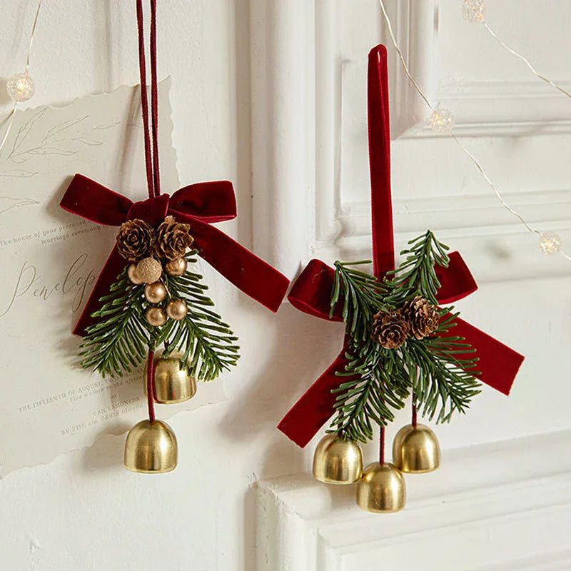 Christmas Jingle Bell Door Hanger – Velvet Bow & Pine Cone Ornament