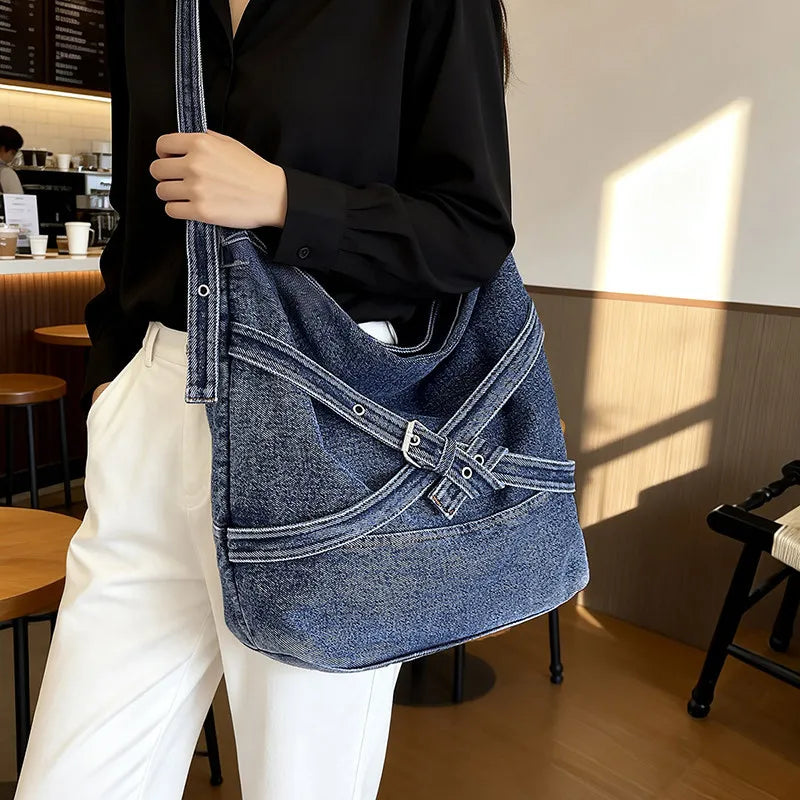 Vintage Washed Denim Tote Bag – Large Crossbody for Women