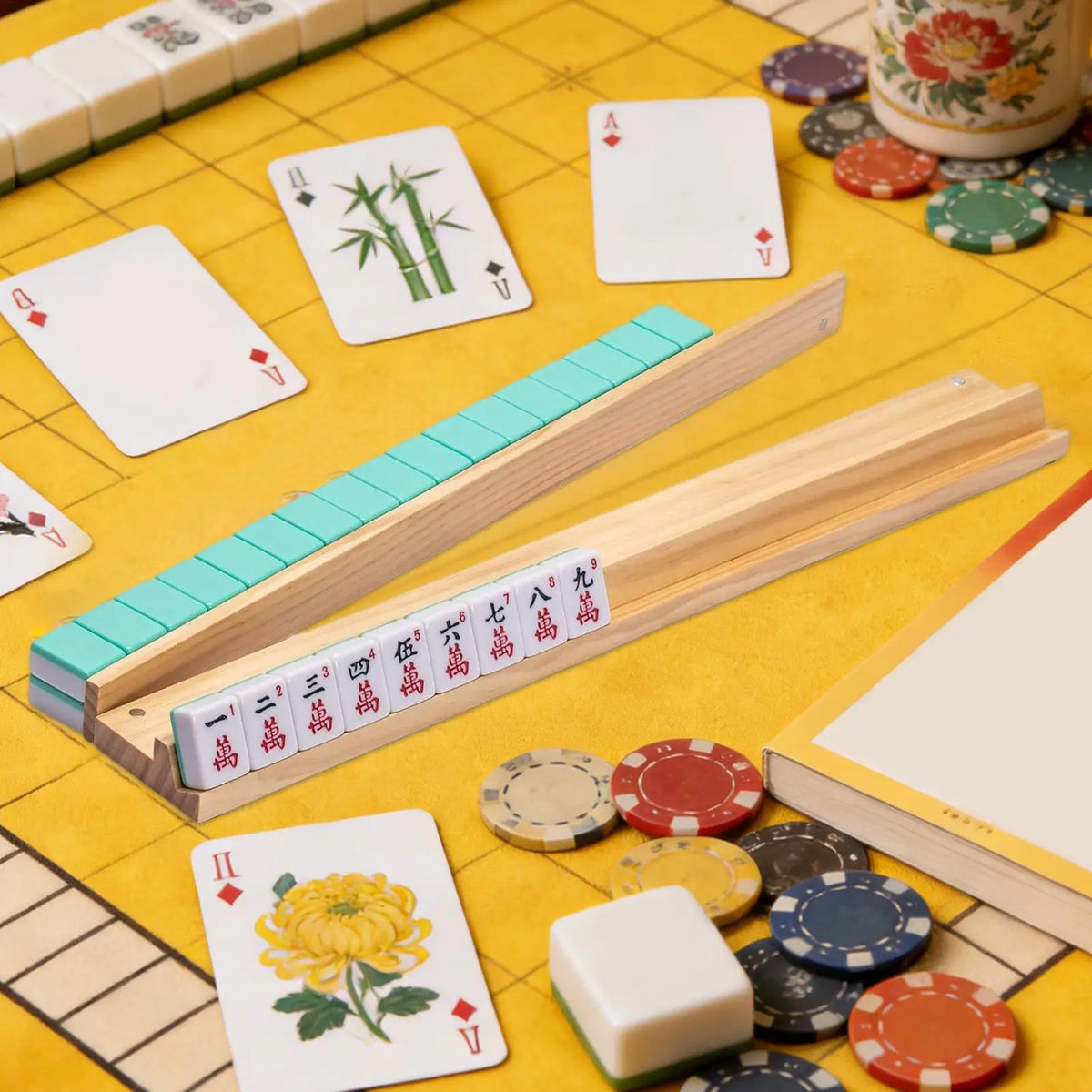 Wooden Mahjong Tile Racks with Pushers – 4-Piece Set