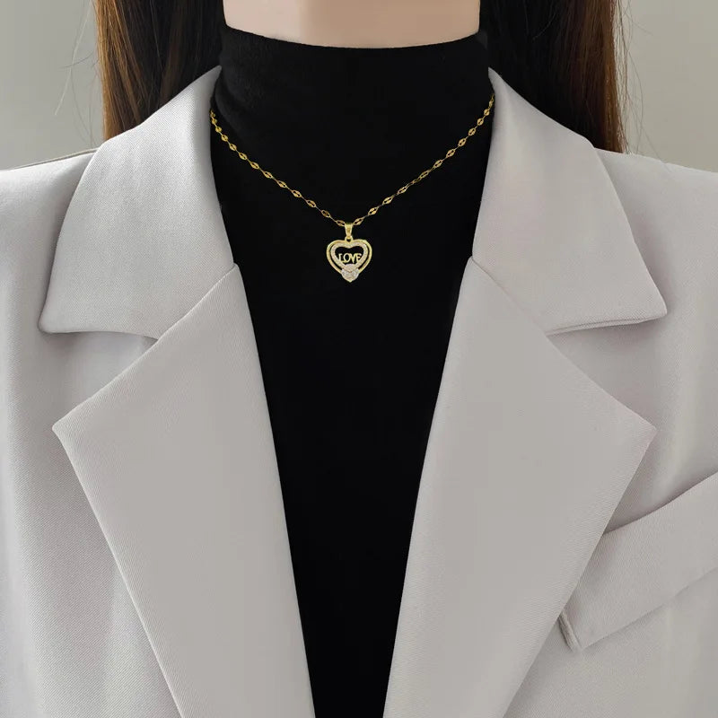 Women's Gold Heart Pendant Necklace | Zircon Clavicle Chain