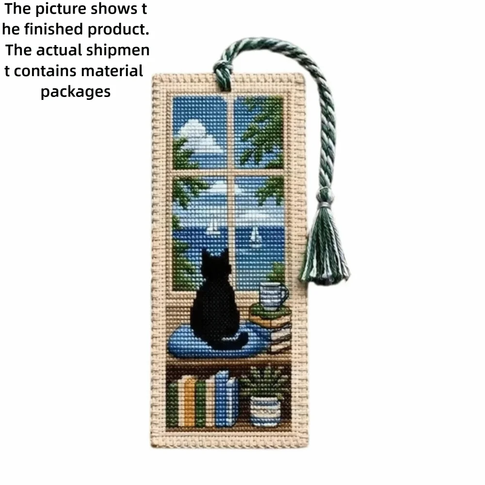 Seasonal Cat Cross Stitch Bookmark DIY Kit with Braided Tassel