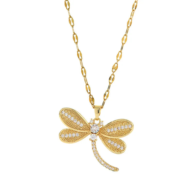 Zircon Dragonfly Pendant Necklace Gold Plated for Women