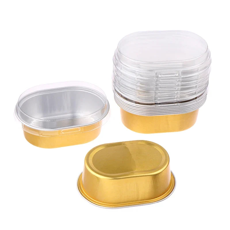 10Pcs Aluminum Foil Baking Cups with Lids – 68ml Oval Dessert Molds